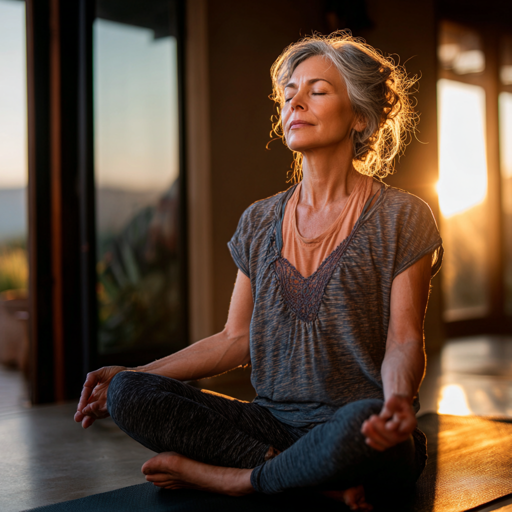 Mature woman in peaceful meditation pose during yoga practice